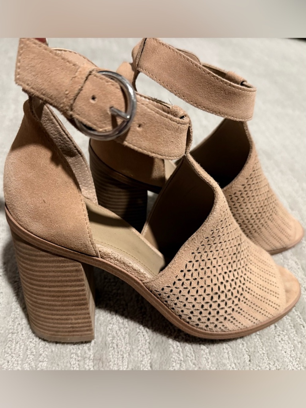 Marc Fisher Perforated Suede Ankle Strap Block Heel Sandals - Tan